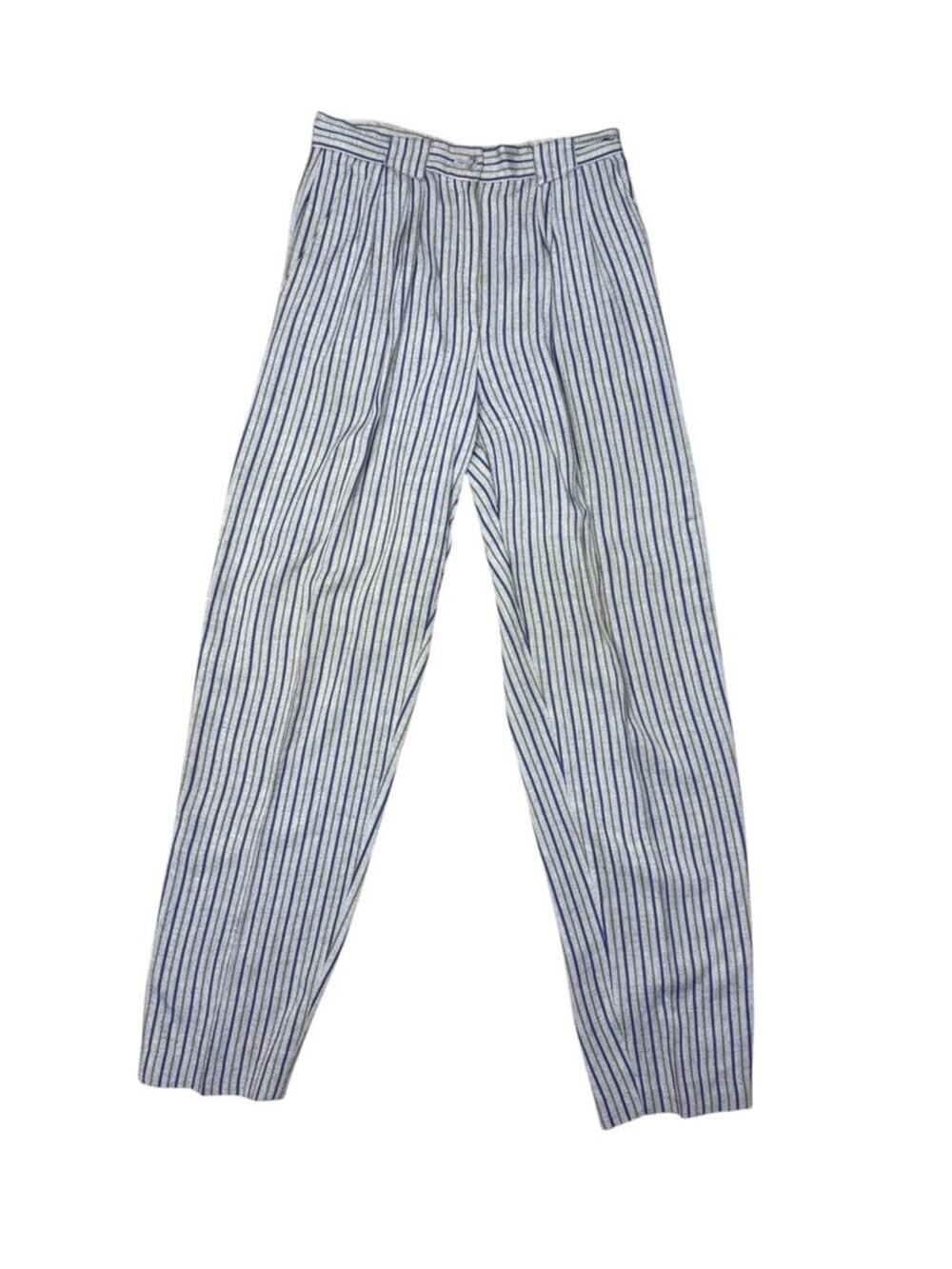 Liz Claiborne Retro 90s Linen Blend Blue Gray Striped Wide Leg Pants Size 6 / 8